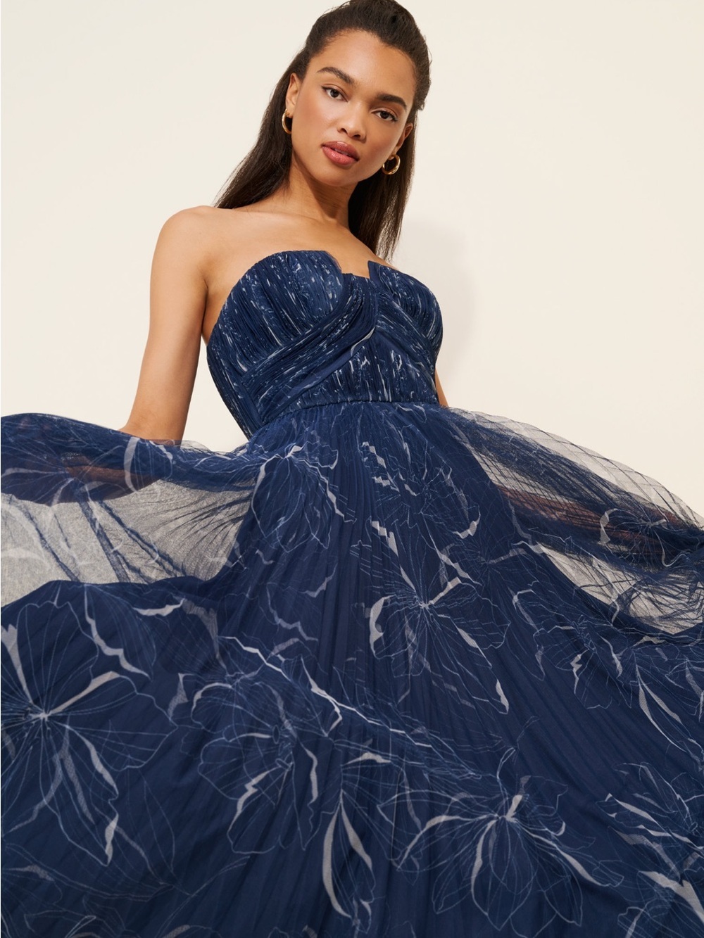 Strapless Navy Floral Tulle Evening Dress